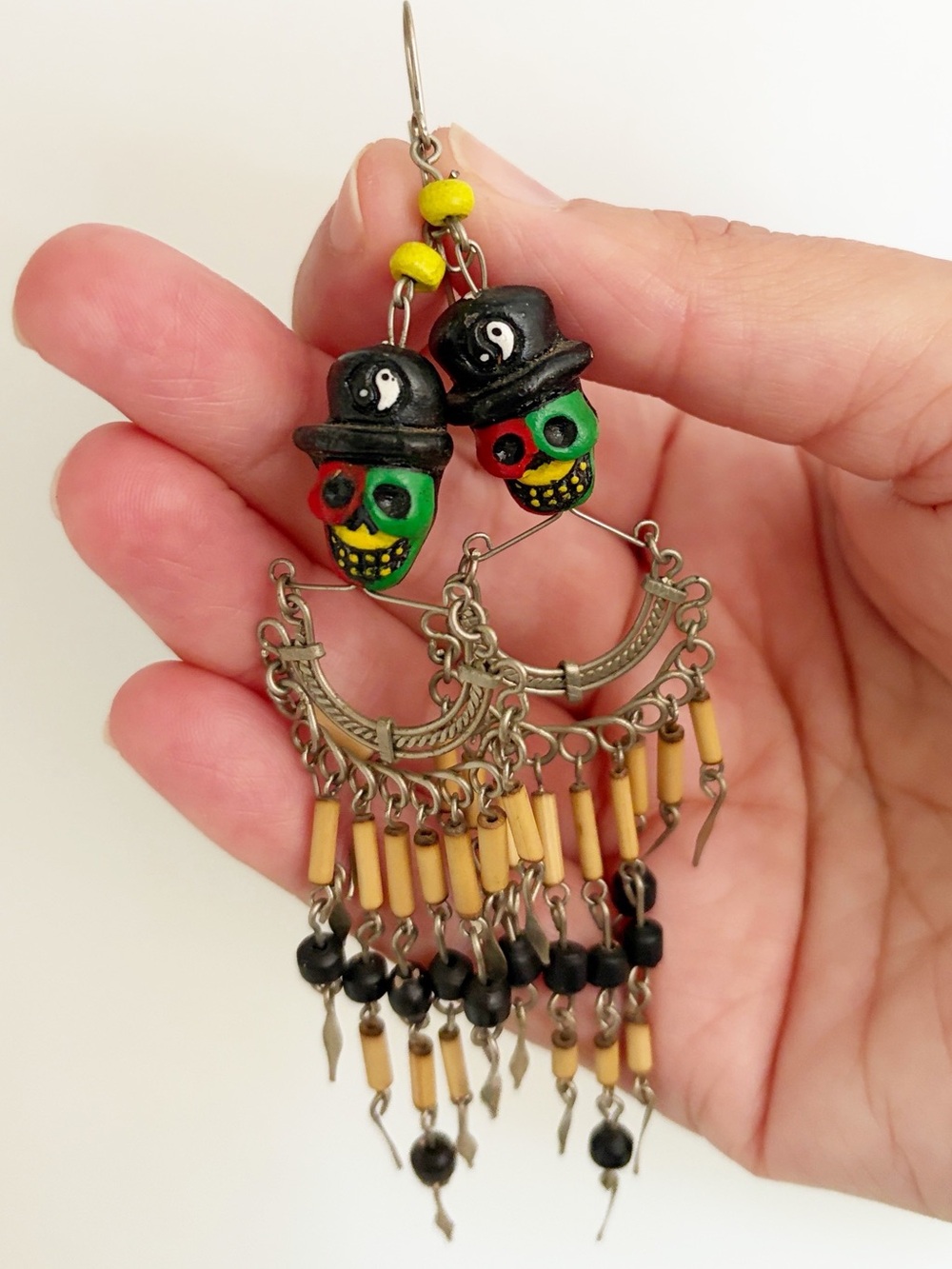 Handcrafted day of the dead Mardi Gras inspired skull chandelier earrings